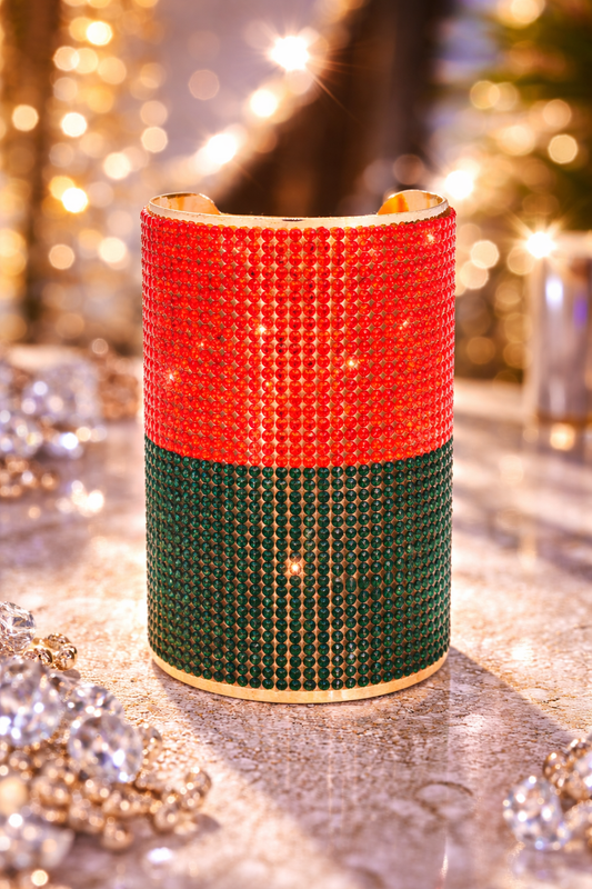 Red and Green Crystal Cuff Bracelet – Gold Tone Statement Jewelry Turn heads with this bold red and green crystal cuff bracelet designed to elevate any outfit instantly.