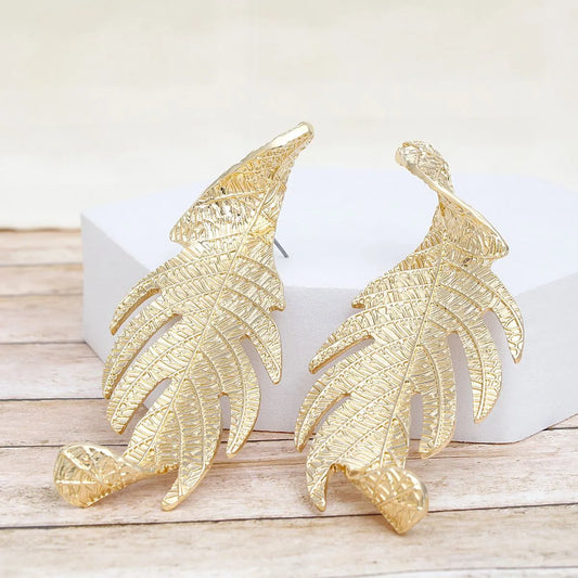 Greek Gold Tone Palm Tree Earrings - Statement Fashion Jewelry