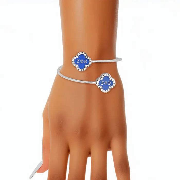 Zeta Phi Beta Sorority Rhinestone Blue Clover Open Bangle